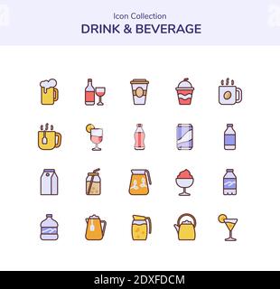 drink beverage icon set collection beer cocktail cola juice tea lemon squash ice cream milk mineral water brew coffee with flat outline style vector d Stock Photo