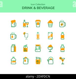 drink beverage icon set collection beer cocktail cola juice tea lemon squash ice cream milk mineral water brew coffee with dual tone color outline sty Stock Photo