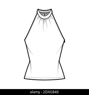 Top banded high neck halter tank technical fashion illustration with wrap, slim fit, tunic length. Flat apparel outwear template front, white color. Women men unisex CAD mockup Stock Vector