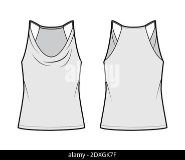 Tank low cowl Crop Camisole technical fashion illustration with thin adjustable straps, oversized, waist length. Flat outwear top template front, back, grey color. Women men unisex CAD mockup Stock Vector