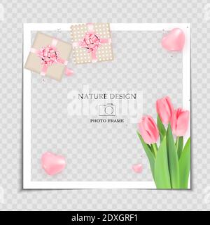 Natural Background Photo Frame Template with spring Tulips Flowers and gift box for post in Social Network. Vector Illustration Stock Vector