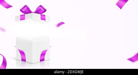 Open white gift box, with a pink ribbon, and bow. Present box with scattered ribbons, and copy space, for an object, product, or text placement. Feminine greeting card vector design. Stock Vector