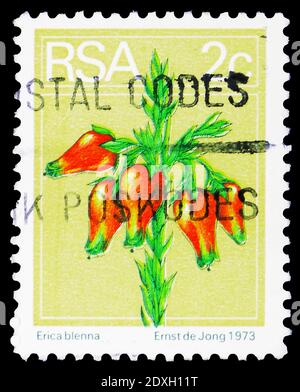 MOSCOW, RUSSIA - MARCH 30, 2019: A stamp printed in South Africa shows Bell heath (Erica blenna), Definitives Flora and Fauna serie, circa 1974 Stock Photo