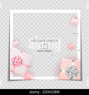 Holiday Background Photo Frame Template with Hearts and gift box for post in Social Network. Vector Illustration Stock Vector