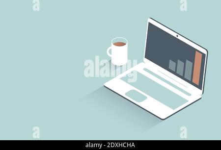 Office laptop and a cup of coffee. Financial growth chart on the computer screen. Workplace concept. Vector isometric illustration. Stock Vector