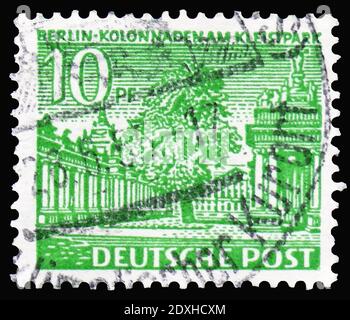 MOSCOW, RUSSIA - MARCH 30, 2019: A stamp printed in Germany shows Colonnade at the Kleistpark, Schöneberg, Berlin buildings serie, circa 1949 Stock Photo