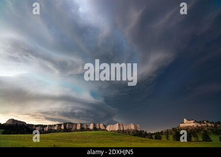 Supercell storm clouds over Fort Robinson State Park in Nebraska Stock Photo