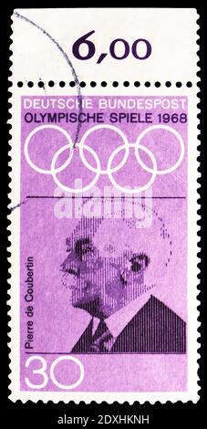 MOSCOW, RUSSIA - MARCH 23, 2019: Postage stamp printed in Germany Federal Republic shows Baron Pierre de Coubertin (1862-1937), Summer Olympics 1968,