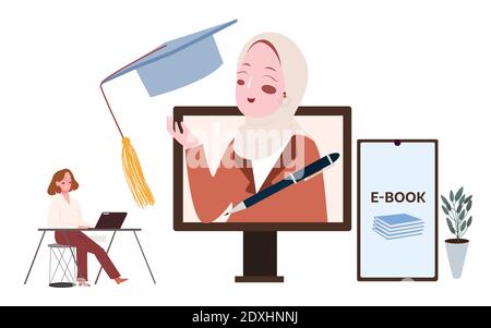 women sit on chair use laptop front big computer screen graduate girl in display with flat cartoon style Stock Vector