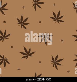 Marijuana or cannabiis leaves seamless pattern. Hemp vector leaf brown on beige background Stock Vector