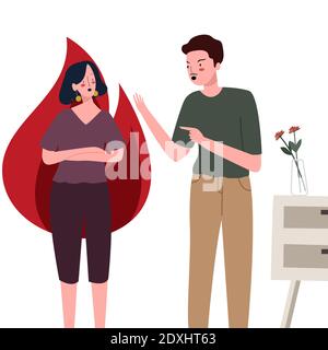 couple men talk quarrel fire behind women anger with flat cartoon style Stock Vector