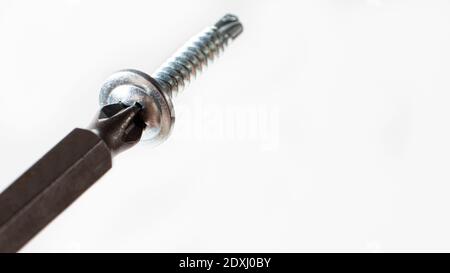 Self-cutters and screwdriver on a gray background with space for text. Screw with thread - fasteners for construction, tools and accessories for repai Stock Photo