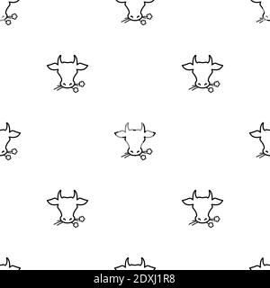 Seamless ornament with cow head with flowers pattern. Farm Animal. Beef, milk, lactose wallpaper. Vector illustration isolated on white Stock Vector