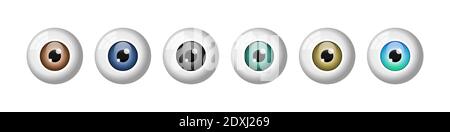 Realistic eyeballs set. Different colored eyes. Brown, blue, black, green, amber iris. Most common eye colors. Ophtalmology. Colored contact lenses. Stock Vector