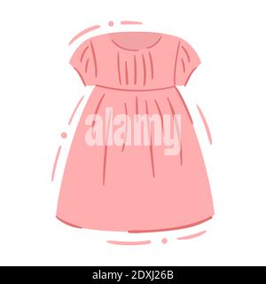Casual baby girl pink dress with fluffy skirt - isolated vector illustration. Cute kids dress. Casual or party baby clothing, single clipart Stock Vector