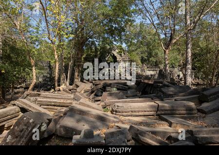 Collapsed stone blocks of the Ta Prohm temple Stock Photo