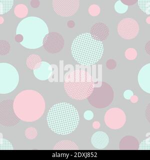 Geometric seamless pattern with circles, stripes, dots. Blue, pink and purple circles on gray background. Fabric swatch Stock Vector