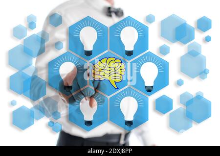 Human brain ideas concept shown by a man in background Stock Photo