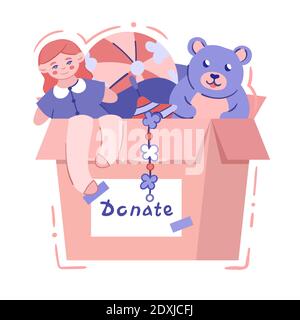 Charity box with baby toys - isolated vector illustration in hand drawn style. Card box with signature Donation, single on white background. Support o Stock Vector