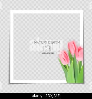Natural Background Photo Frame Template with spring Tulips Flowers for post in Social Network. Vector Illustration EPS10 Stock Vector