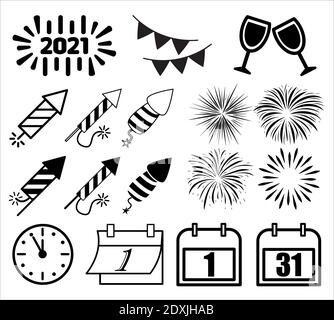 New year icon, symbol set. Silhouette and outline shapes. Vector illustration isolated on white background Stock Vector