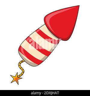 Firework rocket cartoon icon. Red stripes petard symbol for New year design. Vector illustration isolated on white background. Stock Vector