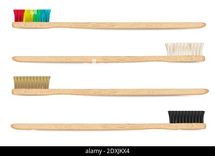 Bamboo toothbrushes. Varicoloured, natural bristle. Zero waste, Biodegradable material. Eco-friendly products.Side view, Isolated on white background. Stock Vector