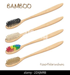 Bamboo toothbrushes. Varicoloured, natural bristle. Zero waste, Biodegradable material. Eco-friendly products. Isolated on white background. Different Stock Vector