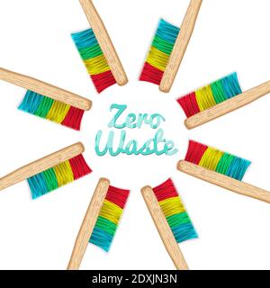 Frame of bamboo toothbrushes with multicolored bristles. Ecological poster, preservation of the environment. Banner for advertising biodegradable prod Stock Vector