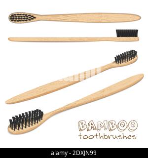 Bamboo toothbrushes. Carbon brush set, black bristles. Charcoal. Biodegradable material. Eco-friendly products. Isolated on white background. Vector i Stock Vector