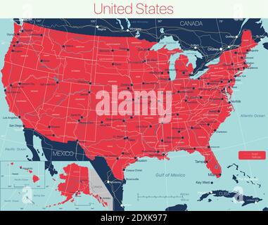 United States of America detailed editable map with cities and towns, geographic sites, roads. Vector EPS-10 file, trending color scheme Stock Vector