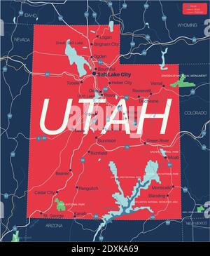 Utah state detailed editable map with cities and towns, geographic sites, roads, railways, interstates and U.S. highways. Vector EPS-10 file, trending Stock Vector