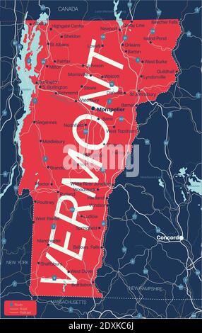 Vermont state detailed editable map with cities and towns, geographic sites, roads, railways, interstates and U.S. highways. Vector EPS-10 file, trend Stock Vector