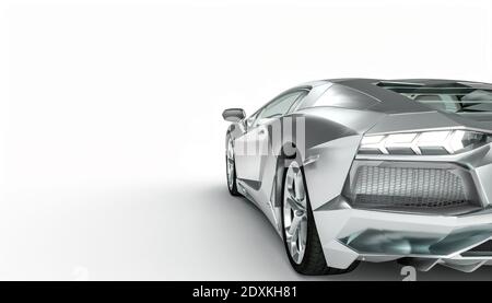 aluminum-colored supercar on a white background. seen from behind. 3d render. Stock Photo