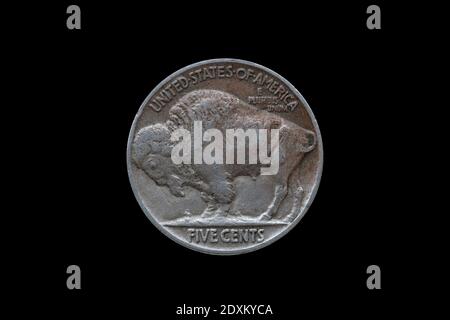 USA five cents Buffalo Indian Head nickel coin dated 1935 cut out and isolated on a black  background, stock photo image Stock Photo