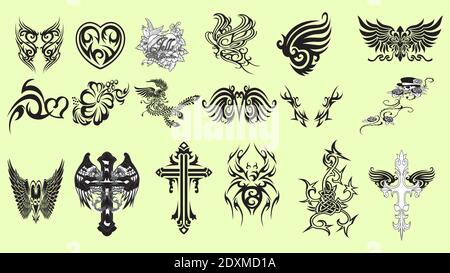 Set of colorfull and black tattoos at traditional vintage style.  symbols Stock Vector