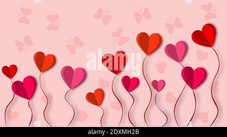 Romantic greeting card with heart flowers and butterflies in resolution 16:9 Stock Vector