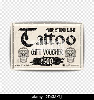 Vintage Tattoo gift voucher. Grunge gift card with sugar rskulls. Template for your tattoo shop. Stock Vector