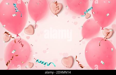 Abstract pink background with realistic candy hearts, balloons, konfetti and ribbons. Stock Vector