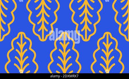 Chinese ribbon ornament with golden leaf on cobalt background. Chinese modern ornament. Minimalist oriental pattern in bold blue gold palette Stock Vector