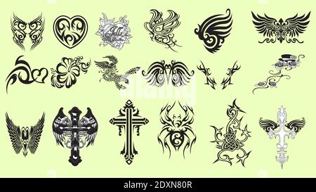Set of colorfull and black tattoos at traditional vintage style.  symbols Stock Vector