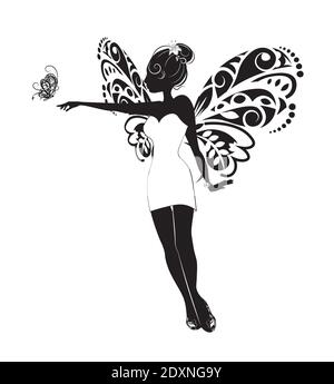 silhouette of beautiful slender fairy girl in white dress with butterfly, picture in hand drawing style, for t-shirt wear fashion print design, greeti Stock Vector