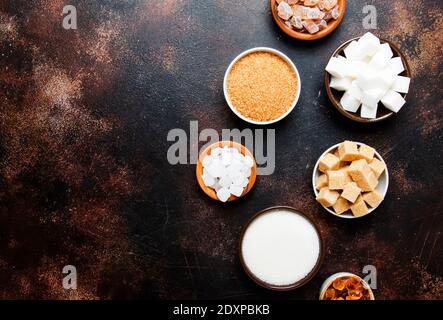 Different kinds of sugar in the assortment, top view Stock Photo