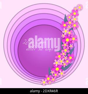 Paper cut round background with flowers. Copy space for your text. Origami concept design for advertising, greeting card, banner, sale. Vector Stock Vector