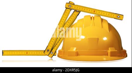 Closeup of a wooden yellow folding ruler and orange safety helmet, isolated on white background with reflection and copy space. Stock Photo