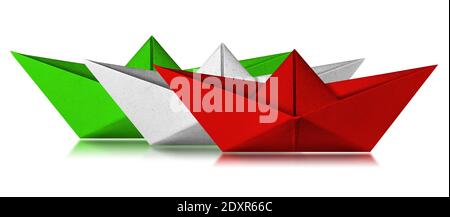 Three paper boats with the colors of the Italian flag, green, white and red. Isolated on white background with reflections, photography. Stock Photo