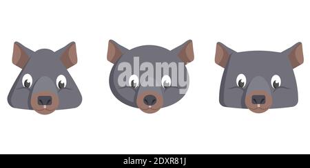 Set of cartoon wombats. Different shapes of animal faces. Stock Vector