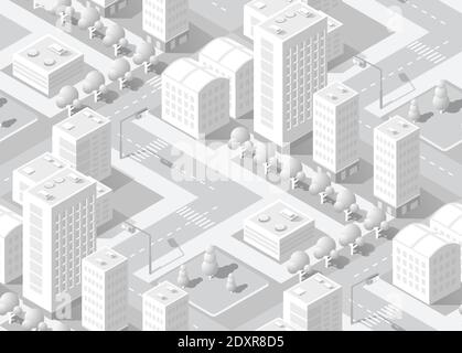 Urban isometric area with building trees lawns Stock Vector