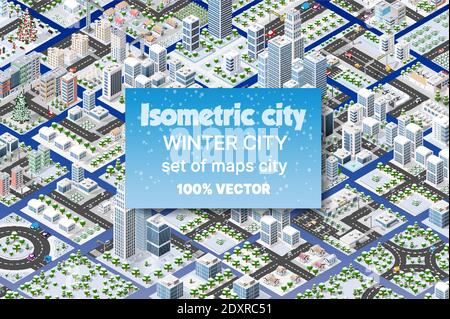 Winter Christmas landscape Isometric City set Stock Vector