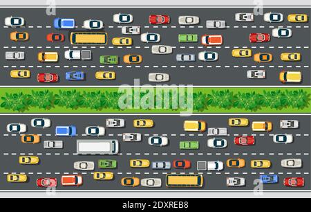 Road top view with highways many different vehicles Stock Vector